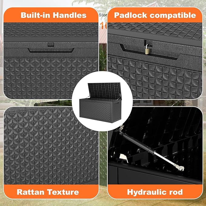 100 Gallon Resin Deck Box, Lockable Patio Outdoor Storage Box for Furniture, Garden Tools and Tools Storage, Waterproof Outside Storage Boxes - Patterned black-VerdiqueGarden