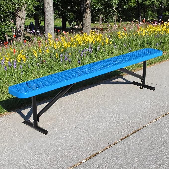 96" L Outdoor Metal Benches, Heavy Duty Garden Park Bench for Outside, Expanded Metal, Commercial Benches Mesh Bench for Shopping Mall, Store, Lawn, Park, Patio, Deck, Garden (Blue, 8FT)-VerdiqueGarden