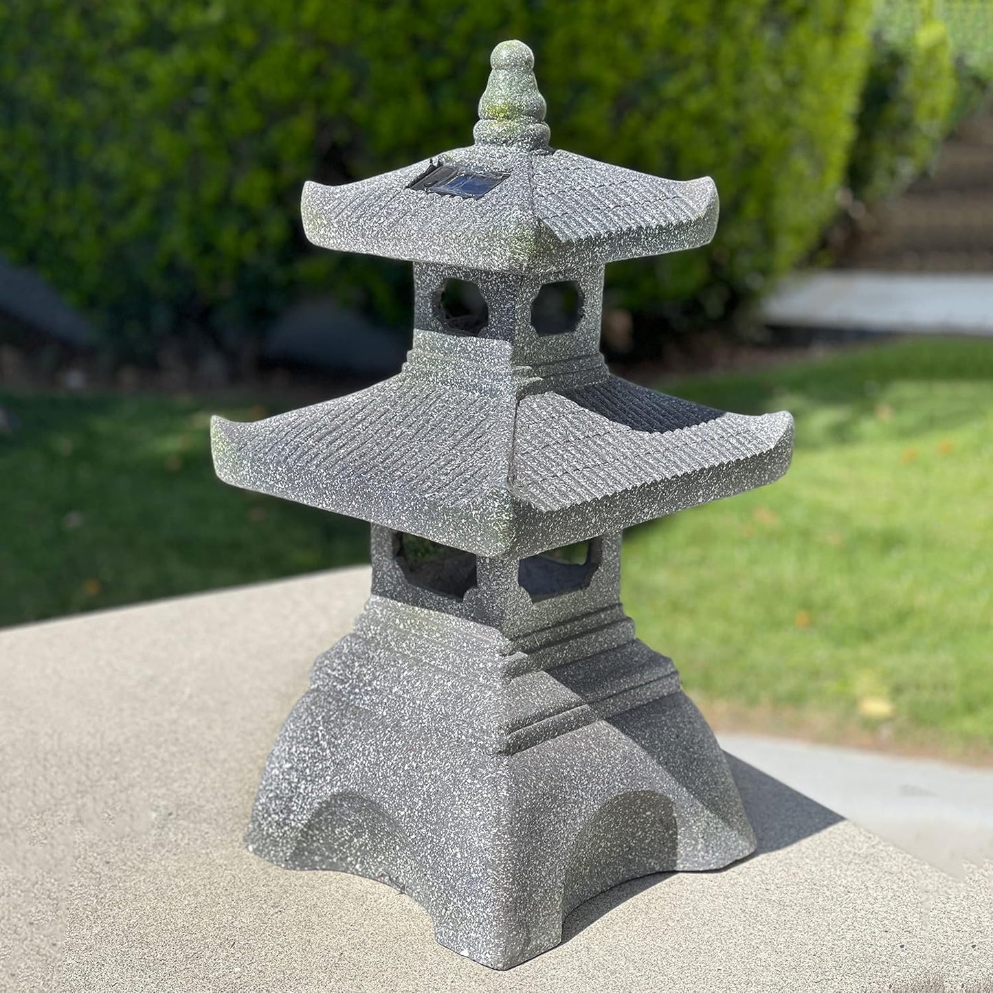 Galt International 2 Tier Pagoda Garden Statue LED Solar Powered Light 26" Tall Outdoor Zen Garden Lantern Landscape Lawn Asian Pagoda Stupa Decor Grey Resin-VerdiqueGarden