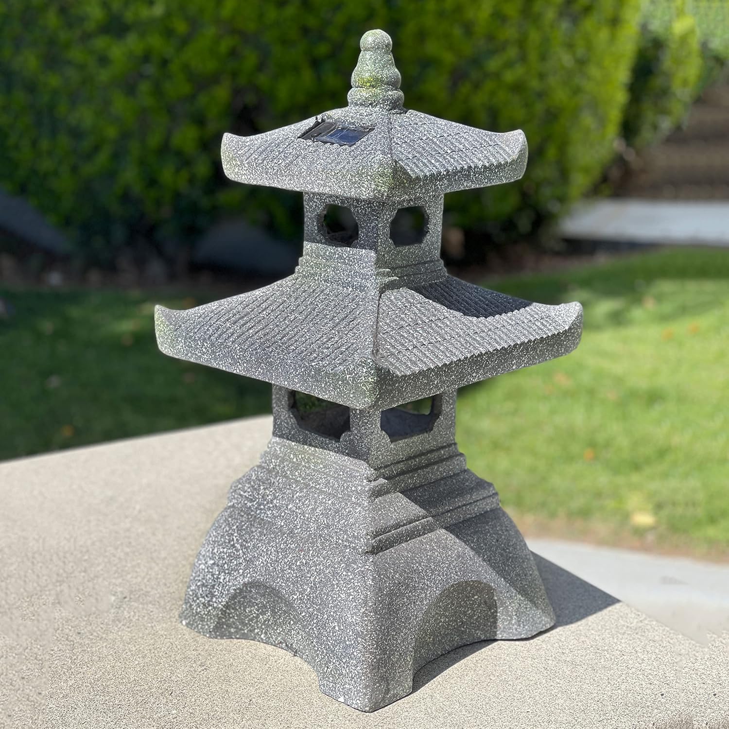 Galt International 2 Tier Pagoda Garden Statue LED Solar Powered Light 26" Tall Outdoor Zen Garden Lantern Landscape Lawn Asian Pagoda Stupa Decor Grey Resin-VerdiqueGarden