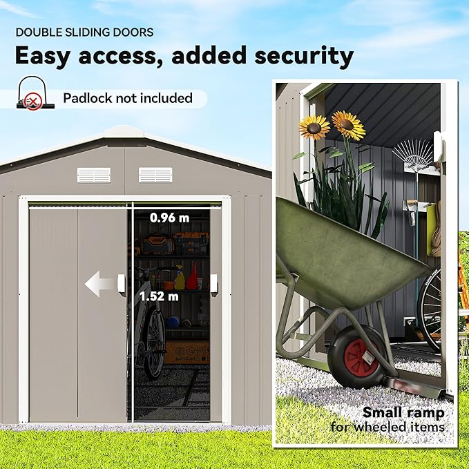 Outsunny 11' x 13' Outdoor Storage Shed, Garden Tool Metal Shed with Foundation Kit, Double Lockable Door, Air Vents and Sloping Roof, for Backyard, Patio, Lawn, Light Gray-VerdiqueGarden