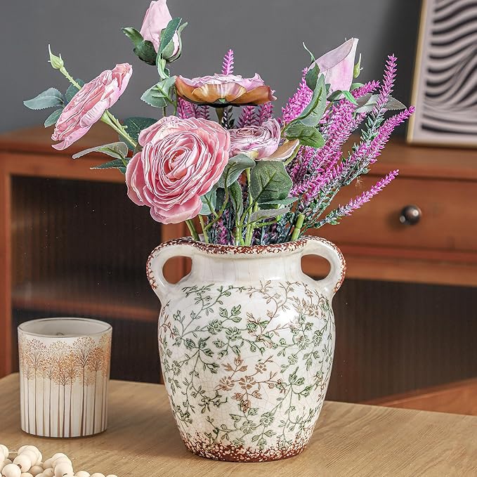 Enra Vintage vase,7.8 Inch Green and Beige Ceramic Decorative Flower vase, Chinoiserie Floral Vase,Large Rustic Vases for Home Decors, Living Room, Bookshelf, Office-VerdiqueGarden