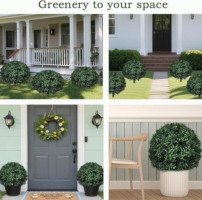 Artificial Boxwood Topiary Ball Tree Outdoor Set of 2,Artificial Boxwood Plants with Ground Spike,Faux Shrubs Fake Evergreen Tree UV Resistant,Diameter 17"-VerdiqueGarden