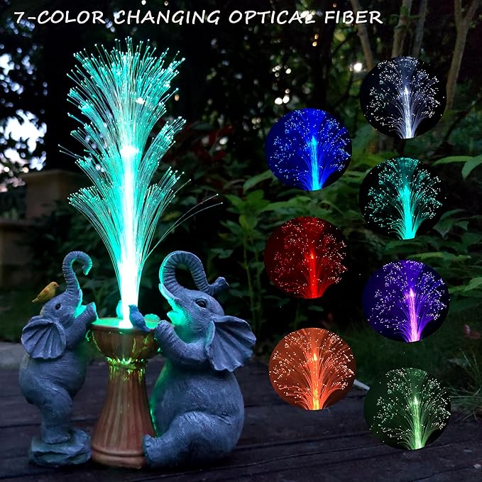 Elephant Statue Solar Garden Decor,Resin Elephant Statue and Colour Changing Optical Fiber Solar Lights,Outdoor Decor for Balcony, Garden, Patio, Yard, Lawn, Gifts for Mom Grandma-VerdiqueGarden