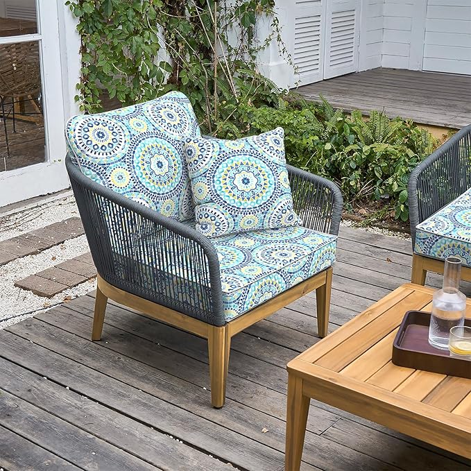 LVTXIII Outdoor Deep Seat Cushion Patio Seat and Back Cushion Set Seasonal Chair Cushion with Removable Cover and Adjustable Buckle for Home and Garden, 24"x24"x4", Delancey Lagoon-VerdiqueGarden