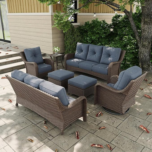 7 Pieces Outdoor Patio Furniture Sets with Rocking Swivel Chairs with 6-inch Thick Cushion and Side Table for Deck Lawn-VerdiqueGarden