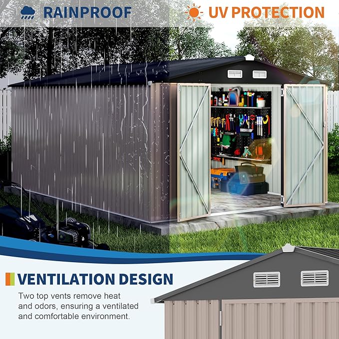10x14 FT Metal Storage Sheds Outdoor, Metal Yard Sheds Garden Shed Kit, Metals Tool Shed with Lockable Door, Metals UtilityShed Buildings with Air Vent for Backyard Garden Patio Lawn-VerdiqueGarden