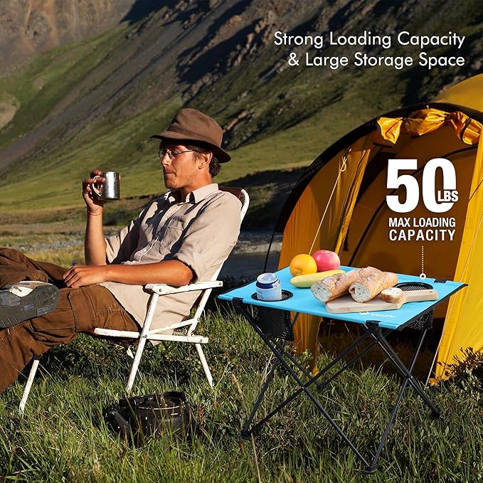 VILLEY Folding Camping Table, Lightweight Portable Beach Table with 2 Cup Holders & Carry Bag for Camping, Beach, Fishing, Travel, and Outdoor Activities (Small)-VerdiqueGarden
