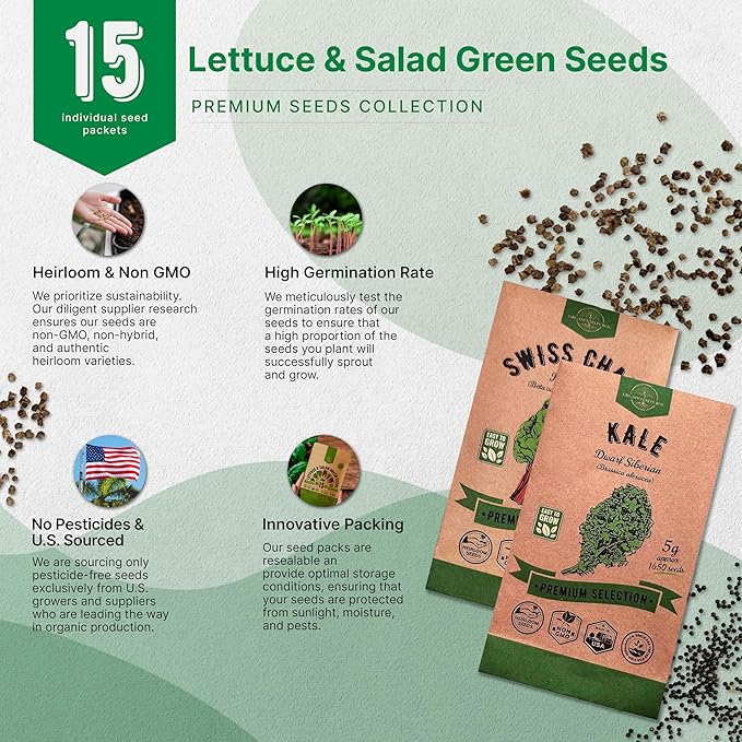 Organo Republic 15 Lettuce & Salad Greens Seeds Variety Pack 17700+ Non-GMO Heirloom Lettuce Seeds for Indoors & Outdoors Garden, Hydroponics, Aerogarden - Arugula, Kale, Spinach, Swiss Chard, Lettuce-VerdiqueGarden
