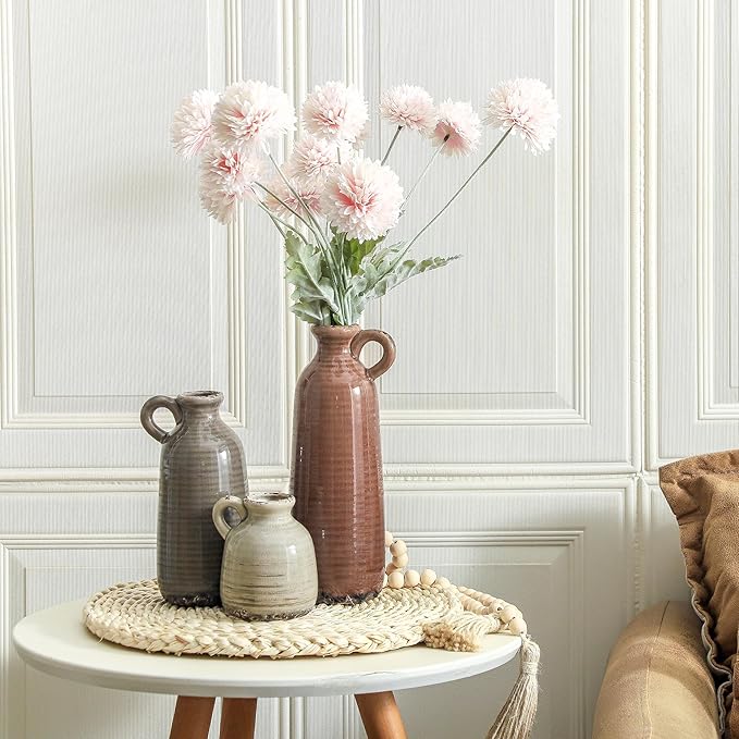 Ceramic Vases Set of 3, Neutral Rustic Farmhouse Vase with Handle, Decorative Flower Vases Home Decor Modern Boho Pampass Vase for Table Mantel Entryway Shelf Living Room Kitchen Bathroom - Brown-VerdiqueGarden