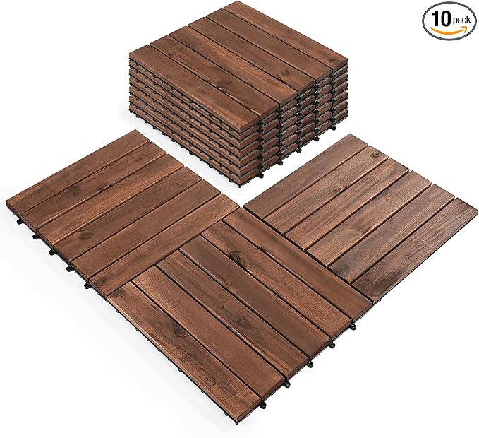 Pack of 10 Deck Tiles - 12"x12" Interlocking Natural Solid Acacia Wood for Outdoor & Indoor, Patio Garden, Balcony, Poolside - Brown Color-VerdiqueGarden