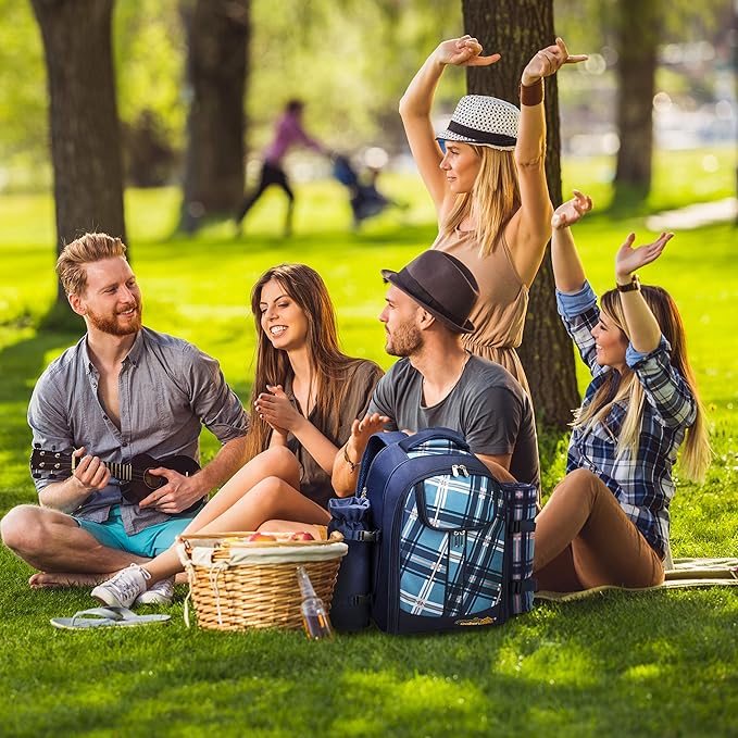 Apollo walker Picnic Backpack Set for 4 with Cooler Compartment,Detachable Bottle/Wine Holder Including Large Picnic Blanket(45"x 53") for Picnic Family and Lovers Gifts,Outdoor,BBQ Time (Blue)-VerdiqueGarden