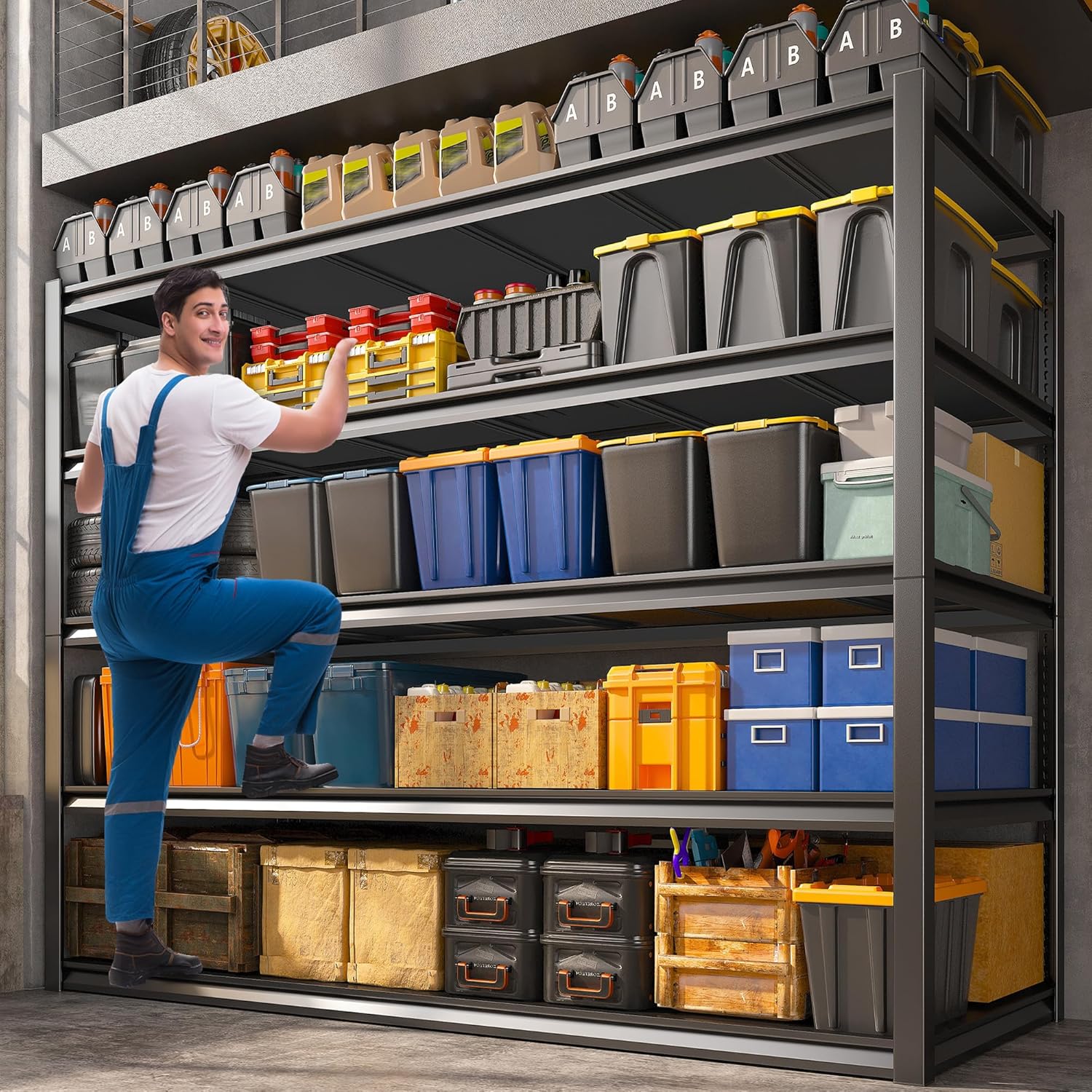 REIBII 48.2" W Garage Shelving Heavy Duty Metal Shelving 3000LBS Storage Shelves Adjustable Metal Shelf Industrial 5 Tier Shelves for Basement Pantry Warehouse Supermarket 72.2" H x 24.2" D x 48.2" W-VerdiqueGarden