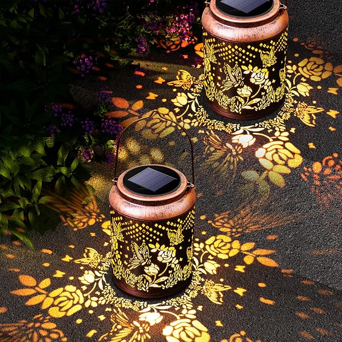 Hyriony Butterfly Solar Lanterns Outdoor Waterproof Metal Hanging Lights, Garden Decor Gifts for Women, Mom, Grandma Solar Decorations for Yard, Patio, Backyard, Porch, Lawn, Walkway, Tabletop-VerdiqueGarden