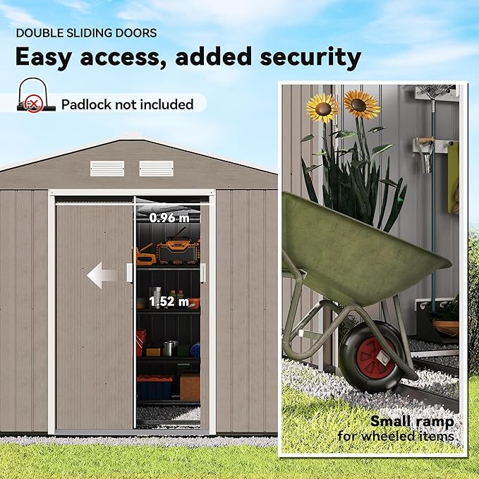 Outsunny 9' x 6' Outdoor Storage Shed, Garden Tool Metal Shed with Foundation Kit, Double Lockable Door, Air Vents and Sloping Roof, for Backyard, Patio, Lawn, Light Brown-VerdiqueGarden