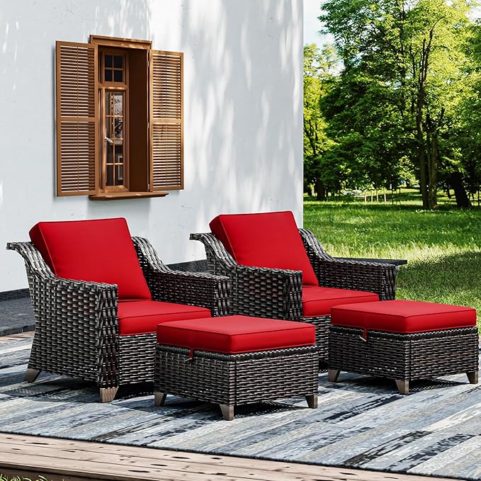 Joyside Wicker Patio Furniture Sets, 4 Pieces Upgraded Large Size Outdoor Furniture with Patio Dining Chairs and Outdoor Ottoman, Thick Cushions, Wide Armrest-VerdiqueGarden