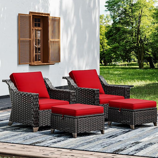 Joyside Wicker Patio Furniture Sets, 4 Pieces Upgraded Large Size Outdoor Furniture with Patio Dining Chairs and Outdoor Ottoman, Thick Cushions, Wide Armrest-VerdiqueGarden