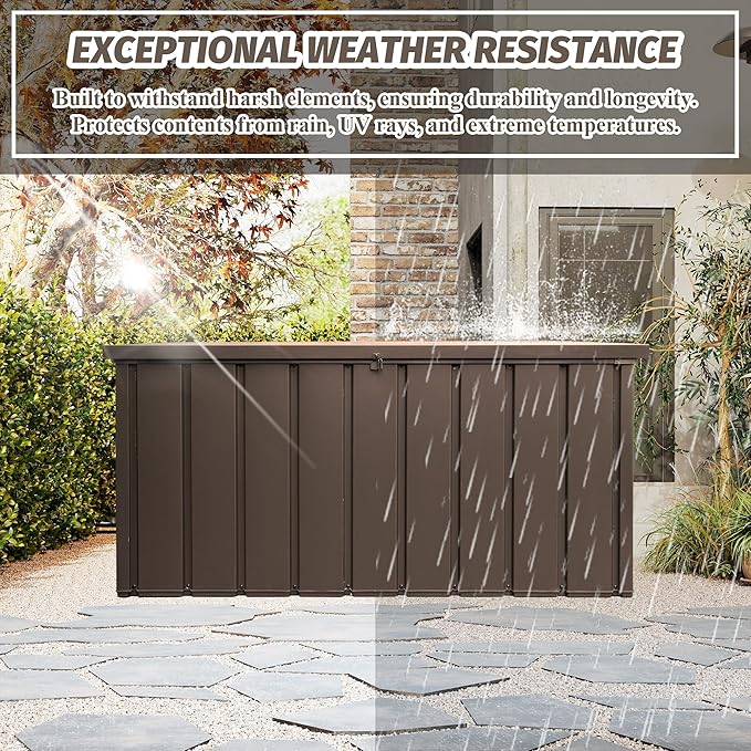 Domi Deck Box 190 Gallon, Waterproof Lockable Steel Outdoor Storage Container for Outside Cushions, Garden Tools and Pools Equipment, Brown-VerdiqueGarden