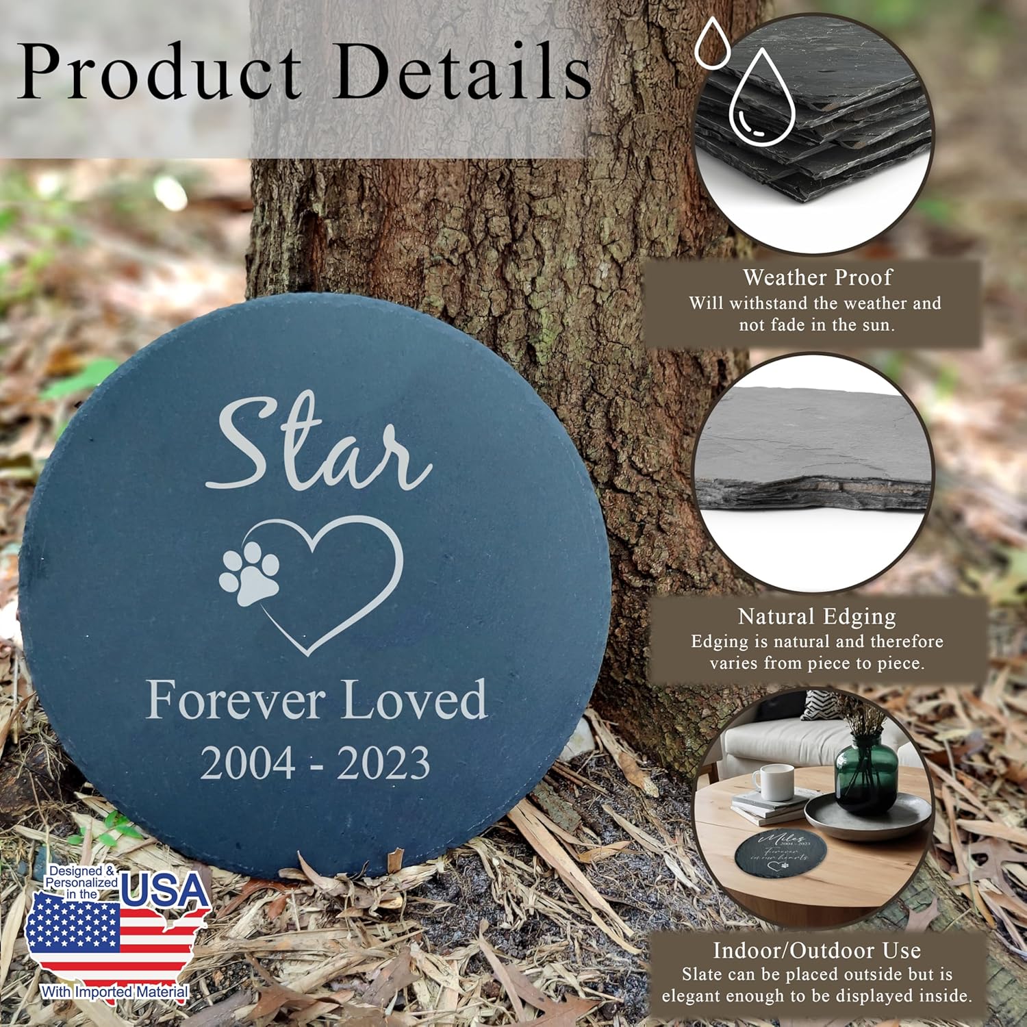 Personalized Pet Memorial Stone for Dogs and Cats | Custom Laser-Etched Weatherproof Garden Grave Marker | Natural Stone Bereavement Headstone Sympathy Gift | 4, 6, 10, or 12 Inch Heart or Circle Shape (A4)-VerdiqueGarden