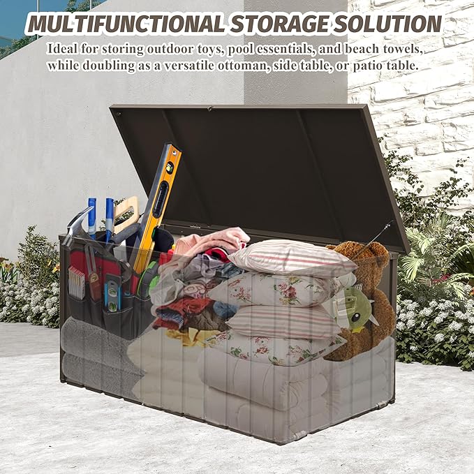 Domi Deck Box 190 Gallon, Waterproof Lockable Steel Outdoor Storage Container for Outside Cushions, Garden Tools and Pools Equipment, Brown-VerdiqueGarden