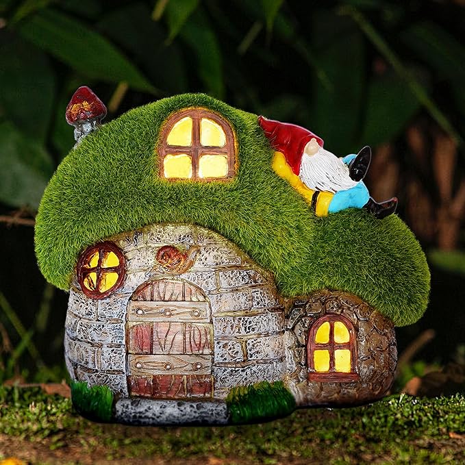 ILLUMINEW House Garden Statues with Solar Lights, LED Cute Flocked Fairy House with Gnomes Garden Figurine, Outdoor Patio Yard Lawn Decorations Gift-VerdiqueGarden