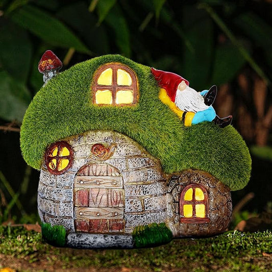ILLUMINEW House Garden Statues with Solar Lights, LED Cute Flocked Fairy House with Gnomes Garden Figurine, Outdoor Patio Yard Lawn Decorations Gift-VerdiqueGarden