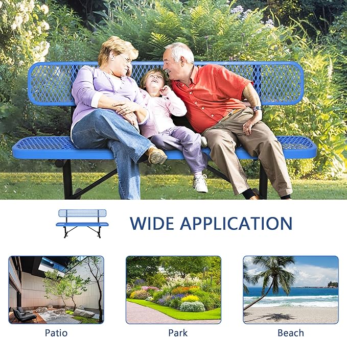 6FT Outdoor Benches Heavy Duty Park Bench with Back Portable Frame, Blue Metal Steel Bench, Outdoor Garden Bench Expanded Metal Mesh Bench for Lawn, Park, Deck, Garden, Patio, Porch, Black (Blue, 6FT)-VerdiqueGarden