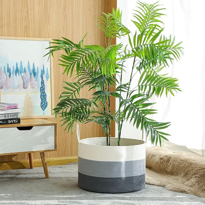 KAKAMAY Large Blanket Basket (20"x13"),Woven Baskets for storage Baby Laundry Hamper,Cotton Rope Blanket Basket for Living Room, Laundry, Nursery, Pillows, Baby Toy chest with Handles (White/Grey)-VerdiqueGarden