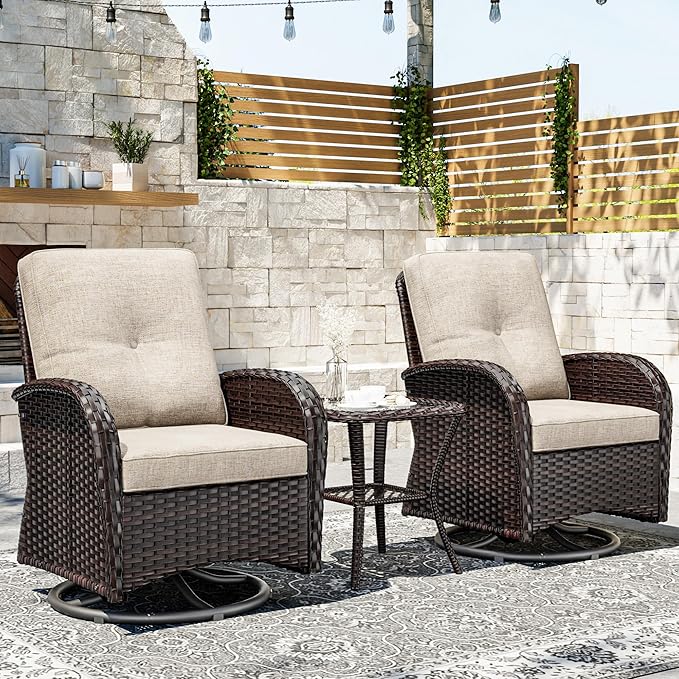 Joyside Outdoor Swivel Rocker Chairs, 3 Piece Wicker Patio Set with Thick Cushion and Side Table, Rattan Patio Swivel Rocking Chairs for Porch, Deck Use (Brown/Beige, 3 PCS)-VerdiqueGarden