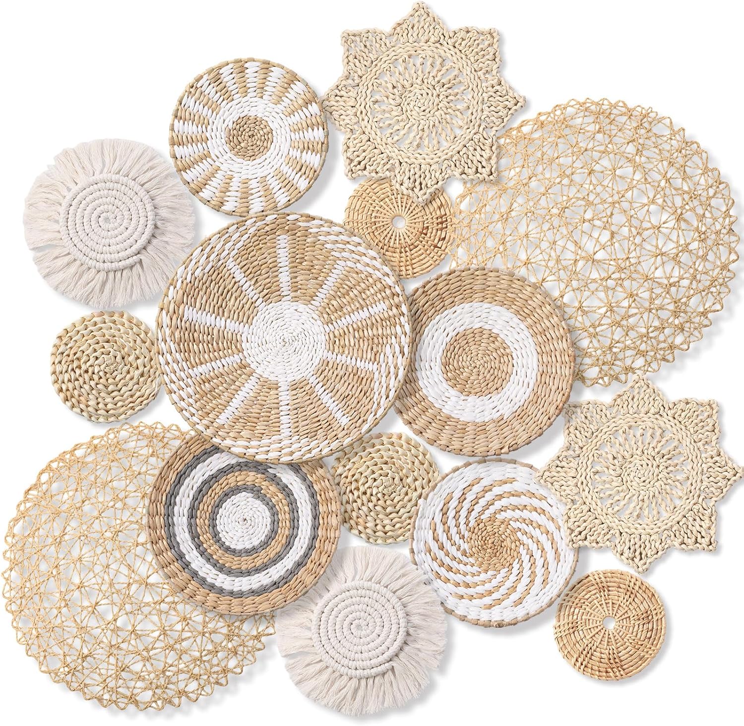 15 Pcs Boho Wall Basket Decor Woven Rattan Seagrass Wall Decor Hanging Rustic Farmhouse Western Art Decoration for Nursery Living Room Bedroom Home Kitchen(Grey White Style)-VerdiqueGarden