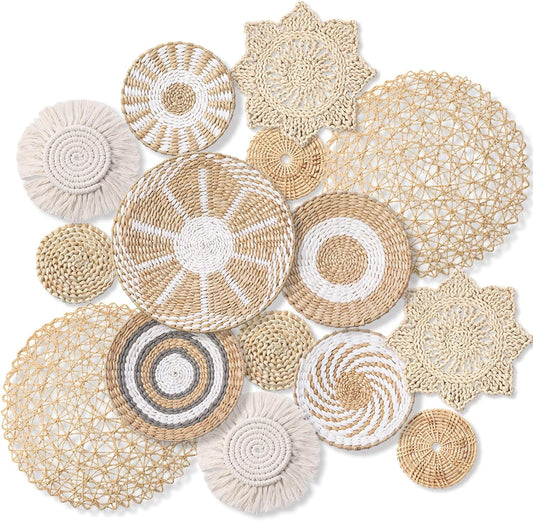 15 Pcs Boho Wall Basket Decor Woven Rattan Seagrass Wall Decor Hanging Rustic Farmhouse Western Art Decoration for Nursery Living Room Bedroom Home Kitchen(Grey White Style)-VerdiqueGarden