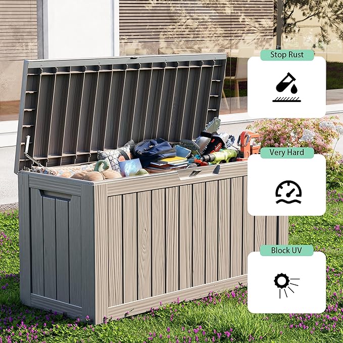 86 Gallon Outdoor Deck Box,Storage Lockable Waterproof Patio Furniture,Garden Tools,Cushions,Pool Accessories Outside Storage Resin Box(Grey)-VerdiqueGarden