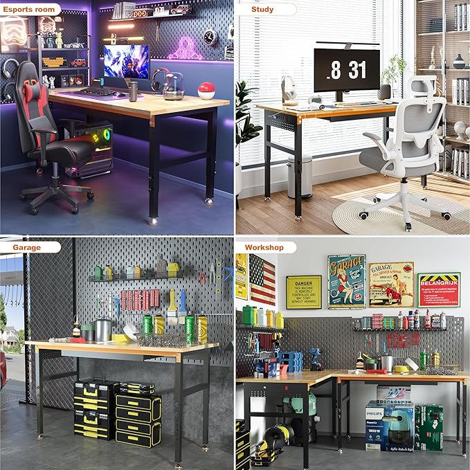 60" Adjustable Height Workbench, 2000 LBS Heavy Duty Work Table with Power Outlets & Pegboard, Rubber Wood Workstation for Garage, Workshop, Office, Home, Commercial-VerdiqueGarden