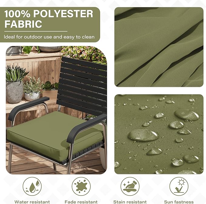 Patio Chair Cushions 17 X 16 X 3 Inch Waterproof Outdoor Seat Cushions for Patio Furniture, Outdoor Sofa Couch Pads with Ties & Handle, Set of 2, Light Green-VerdiqueGarden