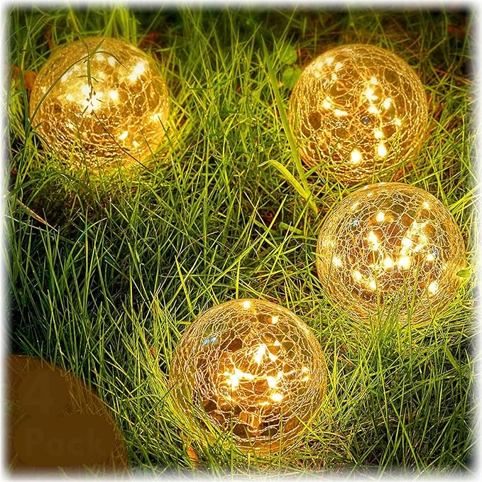 Honoson 4.7 Inch Solar Globe Lights Outdoor Waterproof, Solar Balls for Garden Cracked Glass Ball, Ground Landscape Garden Decor for Patio and Yard Lawn Backyard (4 Pieces)-VerdiqueGarden