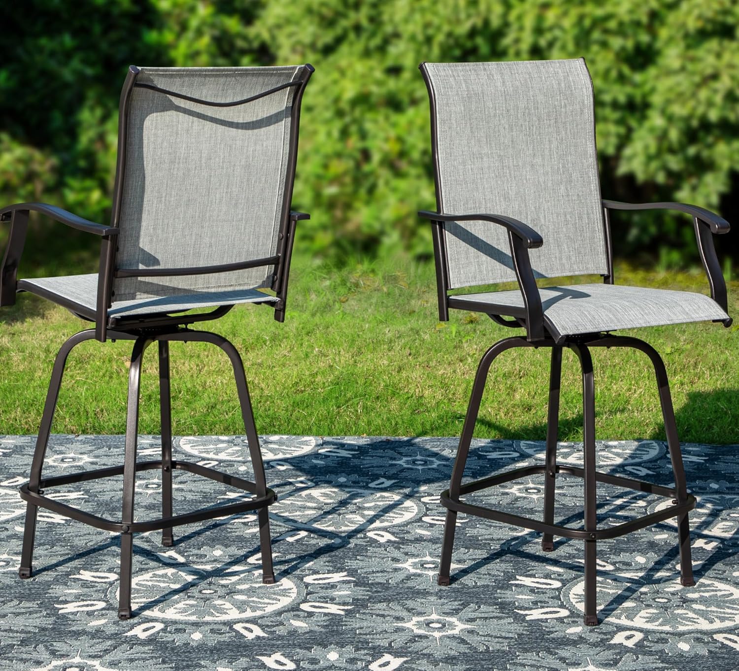 PHI VILLA Outdoor Swivel Patio Bar Stools Set of 2, 30 Inch Bar Height Tall Patio Chairs with Back & Armrest, Durable Textilene Fabric in Grey for Deck Lawn Garden-VerdiqueGarden