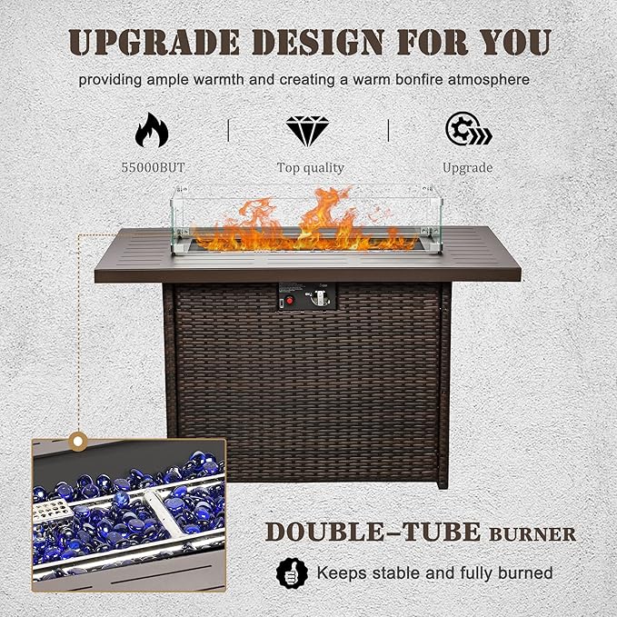 Propane Fire Pit Table,44 Inch 55000 BTU Outdoor Gas Fire Pit Rectangular with Glass Wind Guard for Outside Patio Deck (Brown-Aluminum Top)-VerdiqueGarden