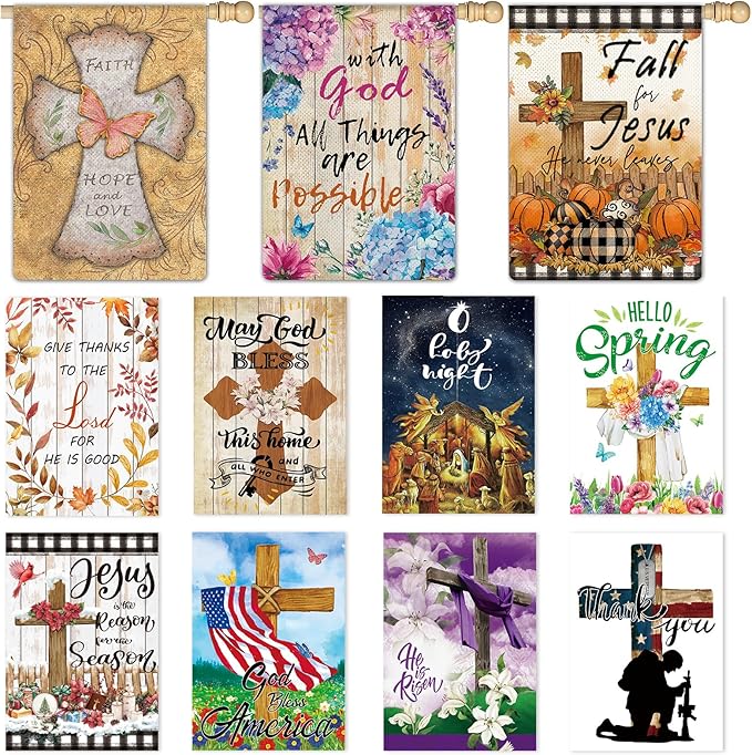 11 Pcs Christian Garden Flag Cross Yard Flags for All Season Christian Welcome Large 28 x 40 Inch Flags Double Sided Print Vertical House Flags Decorations for Home Outdoor Lawn-VerdiqueGarden