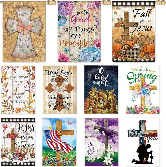 11 Pcs Christian Garden Flag Cross Yard Flags for All Season Christian Welcome Large 28 x 40 Inch Flags Double Sided Print Vertical House Flags Decorations for Home Outdoor Lawn-VerdiqueGarden