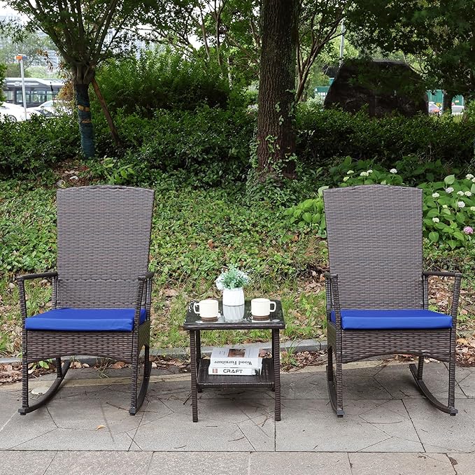Rocking Chair Outdoor 3 Pieces High-Backed Patio Rocking Chairs Bistro Table and Chairs Set of 2, Royal Blue-VerdiqueGarden