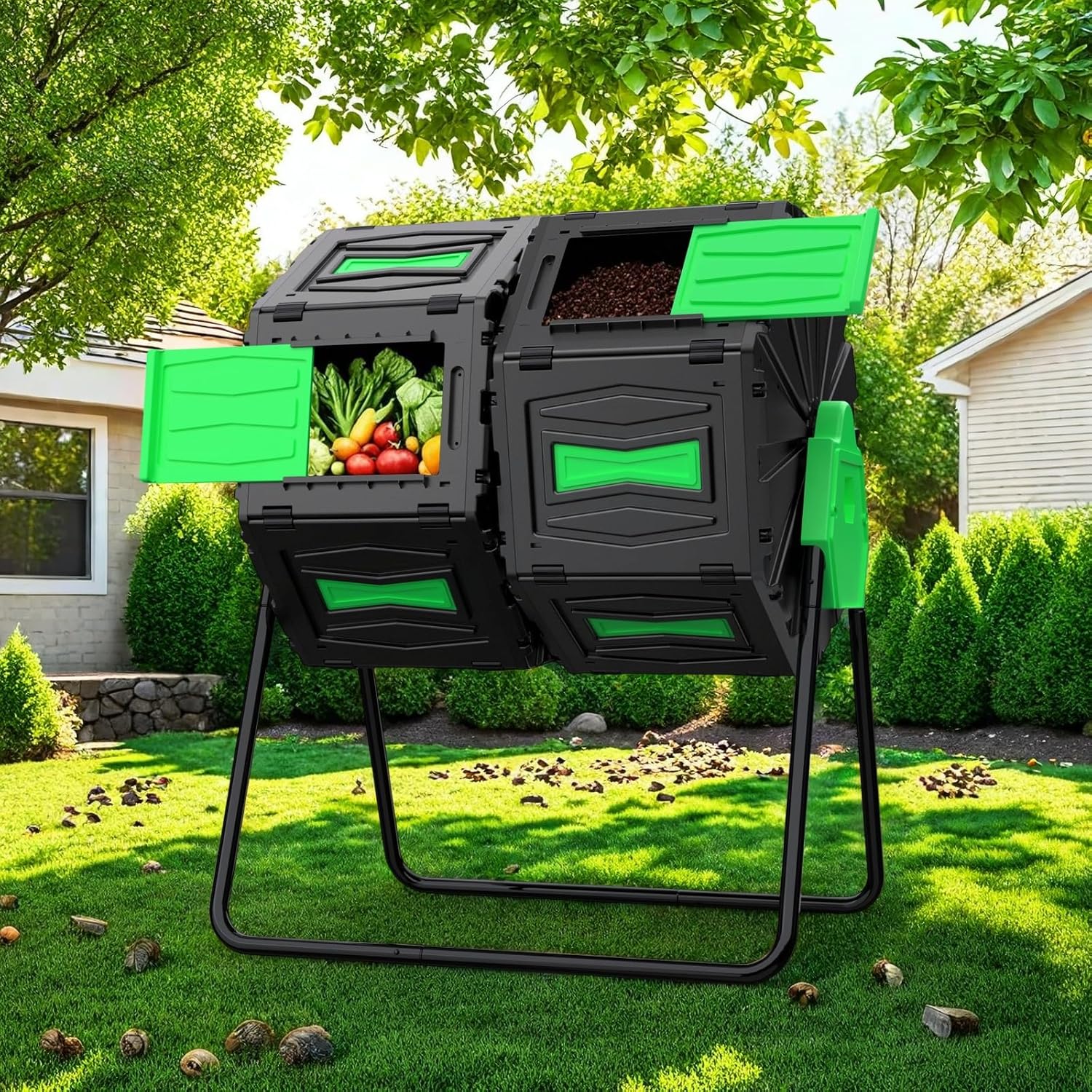 Compost Bin Outdoor, 45Gallon Dual Chamber Composter Large Composting Bin, 360° Rotating Compost Bin, BPA-Free Fast-Working Tumbling Compost Barrel, Kitchen Garden Composter Tumbler (Green)-VerdiqueGarden