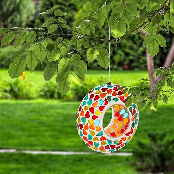 Sunnydaze 6-Inch Glass Mosaic Hanging Bird Feeder for Outdoors - Fly-Through Wild Bird Feeder - Confetti Mosaic-VerdiqueGarden