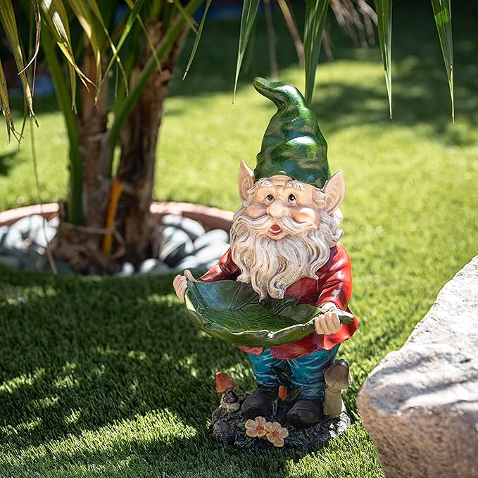 Alpine Corporation 16" Tall Outdoor Garden Gnome and Bird Feeder Yard Statue Decoration-VerdiqueGarden