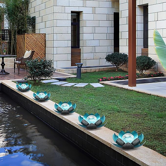 Lotus Solar Lights Outdoor,Solar LED Powered Garden Light Waterproof for Decor Tabletop Ground Yard Patio Walkway Landscape,Metal Glass LED Lotus Flower Lights-VerdiqueGarden