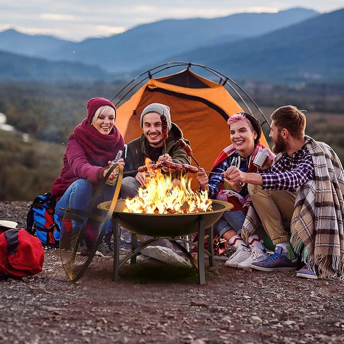 Fire Beauty Fire Pit for Outside Wood Burning,BBQ Grill Steel Fire Bowl with Spark Screen Cover,Log Grate,Poker for Camping Beach Bonfire Picnic Backyard Garden-VerdiqueGarden