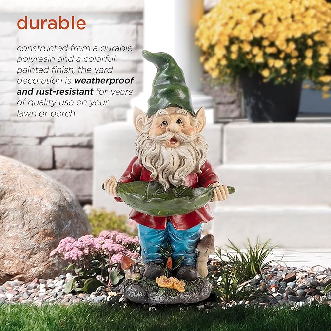 Alpine Corporation 16" Tall Outdoor Garden Gnome and Bird Feeder Yard Statue Decoration-VerdiqueGarden