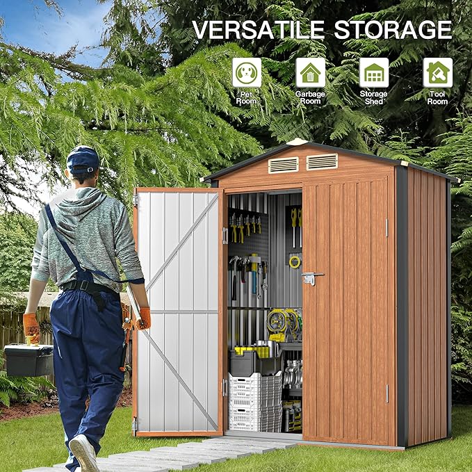 Outdoor Storage Shed, 5x3 Ft Metal Steel Tiny House with Frame Floor & Lockable Door, Vertical Outside Storage Building for Garden, Backyard, Lawn, Patio Utility, Tool Storage-VerdiqueGarden