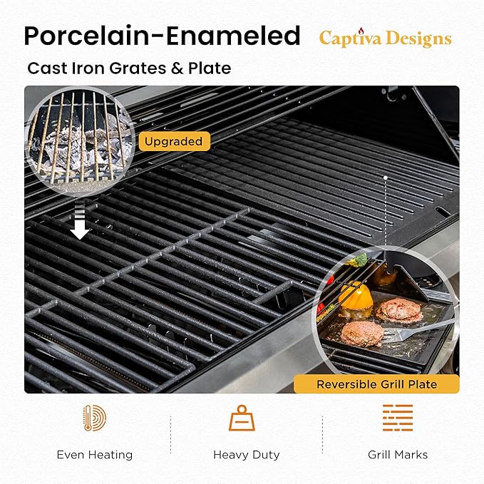 Captiva Designs 6-Burner Propane Gas BBQ Grill with Side Burner & Porcelain-Enameled Cast Iron Grate and Plate for Outdoor Barbucue Events, 52,000 BTU Output,740 SQ.IN. Cooking Area，Heavy Duty-VerdiqueGarden