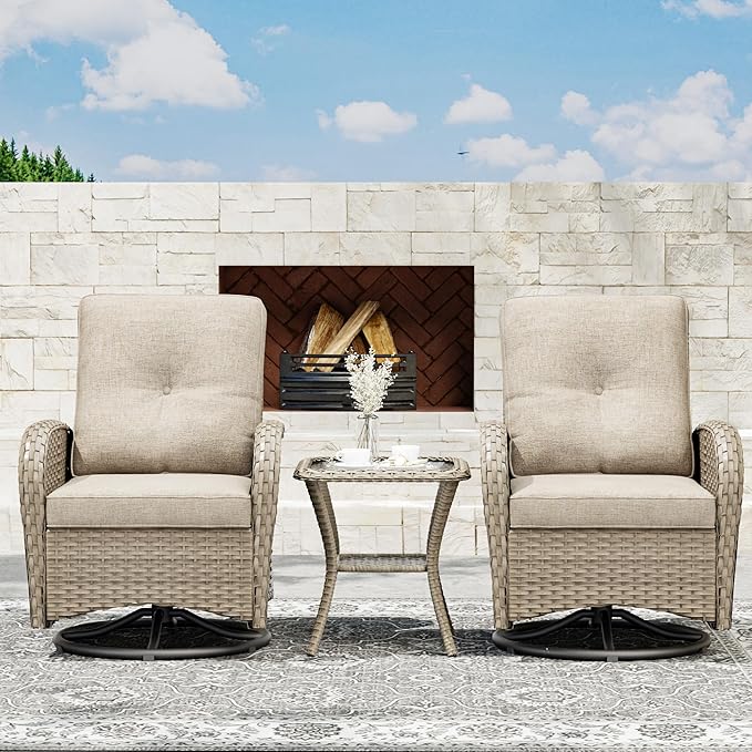 Joyside Outdoor Swivel Rocker Chairs, 3 Piece Wicker Patio Set with Thick Cushion and Side Table, Rattan Patio Swivel Rocking Chairs for Porch, Deck Use (Natural/Beige, 3 PCS)-VerdiqueGarden