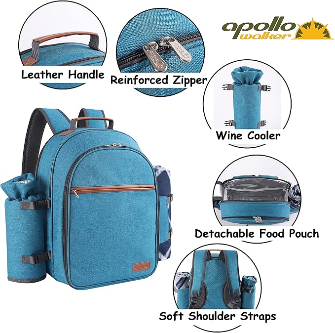 Apollo Walker Picnic Backpack Set for 2 Person with Cooler Compartment, Detachable Bottle/Wine Holder, Fleece Blanket, Plates and Cutlery Set (Teal)-VerdiqueGarden